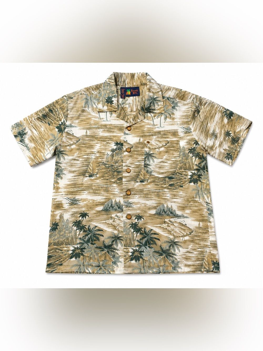 Vintage Roundy Bay Hawaiian Shirt Mens Medium Beige Polyester